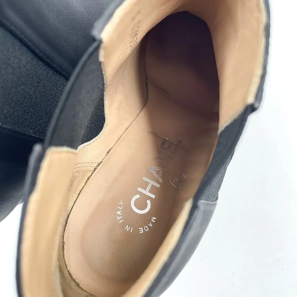 Chanel Wedge Booties Black Leather CC Logo Chain Pointed Ankle‎ Sz 37.5 / 7.5